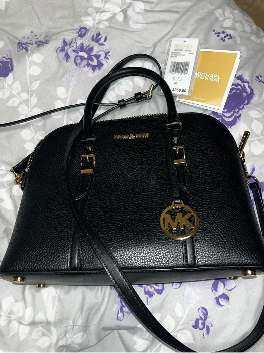 Michael Kors Black Pebbled Leather Satchel with Gold MK Charm